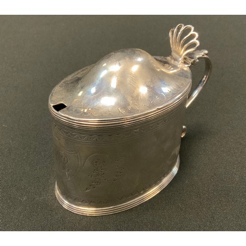 67 - A George III silver tankard mustard, chased and engraved, reeded borders, domed cover, pierced thumb... 