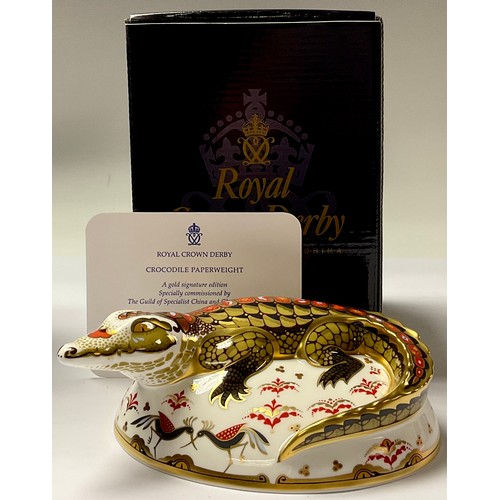 5020 - A Royal Crown Derby paperweight, Crocodile, specially commissioned gold signature edition, gold stop... 
