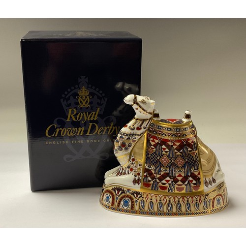 5021 - A Royal Crown Derby paperweight, Camel, silver stopper, boxed