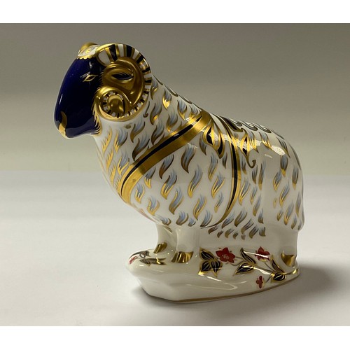 5030 - A Royal Crown Derby paperweight, Ram, gold stopper, 14cm, printed marks