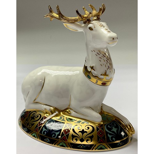 5034 - A Royal Crown Derby paperweight, The White Hart Heraldic Stag, limited edition 93/2,000, gold stoppe... 