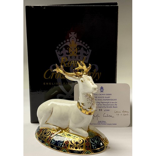 5034 - A Royal Crown Derby paperweight, The White Hart Heraldic Stag, limited edition 93/2,000, gold stoppe... 