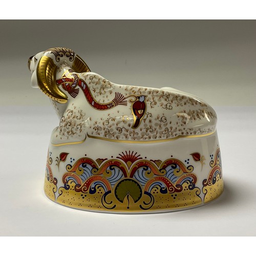 5037 - A Royal Crown Derby paperweight, Water Buffalo, gold stopper, 17cm long, printed mark, boxed