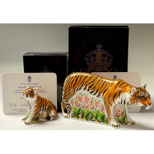 5048 - A pair of Royal Crown Derby paperweights, Sumatran Tigress and Sumatran Tiger Cub, Govier's of Sidmo... 