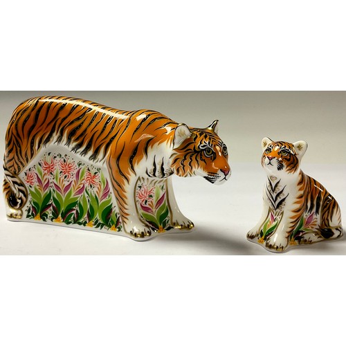 5048 - A pair of Royal Crown Derby paperweights, Sumatran Tigress and Sumatran Tiger Cub, Govier's of Sidmo... 