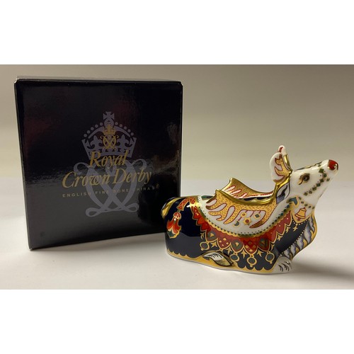 5097 - A Royal Crown Derby paperweight, Reindeer, gold stopper, 13cm, printed marks in red, boxed