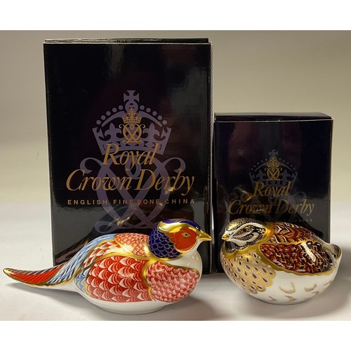 5108 - A Royal Crown Derby paperweight, Dappled Quail, gold stopper, 10cm long, printed mark in red, boxed;... 