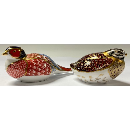 5108 - A Royal Crown Derby paperweight, Dappled Quail, gold stopper, 10cm long, printed mark in red, boxed;... 