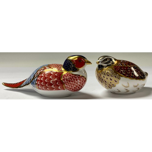 5108 - A Royal Crown Derby paperweight, Dappled Quail, gold stopper, 10cm long, printed mark in red, boxed;... 