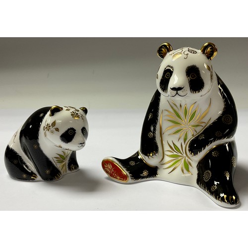 5117 - A pair of Royal Crown Derby paperweights, Giant Panda and Baby Panda, gold stoppers, the Panda 11cm,... 