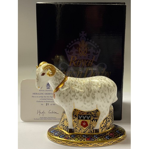 5121 - A Royal Crown Derby paperweight, Heraldic Derbyshire Ram, limited edition 21/950, commissioned by Go... 