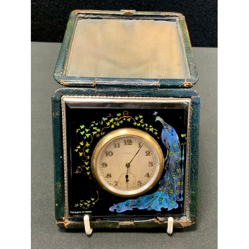 77 - An early 20th century 8 day travel clock, the square case with peacock, silver mount, morocco case, ... 