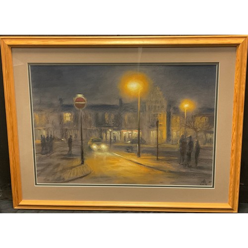213 - Nicholas Leake, ‘The soft glow of street lights at night’, signed, soft pastel, 54cm x 78cm;  anothe... 