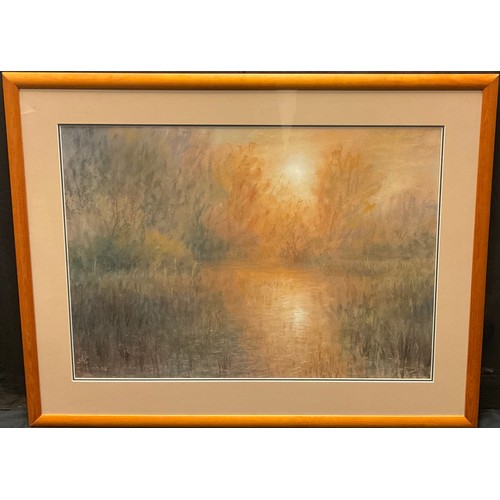 214 - Nicholas Leake, ‘Oxbow lake near Croxdale’, signed, soft pastel, 55cm x 76cm;  another, ‘Plage de Fi... 