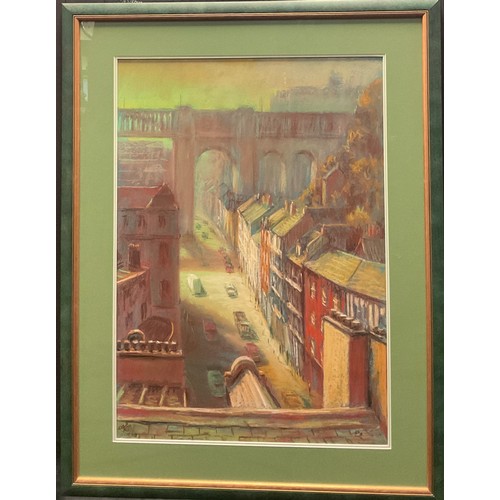 218 - Nicholas Leake
‘View from the Bridge, Newcastle’,
signed, soft pastel, 77.5cm x 55cm.