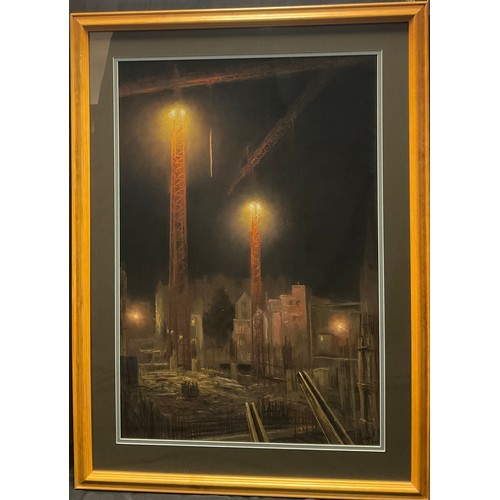 219 - Nicholas Leake
The Sentinel Cranes, Building site at night,
signed, soft pastel, 90cm x 61cm.