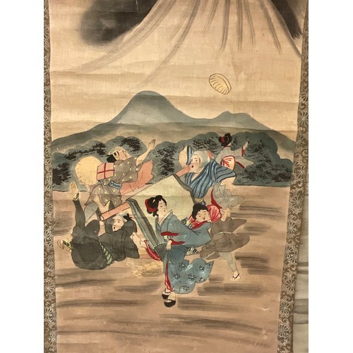 641 - Chinese School, a scroll, pigments on silk, with wind demon and farmers, 122cm x 51cm;  others (3)