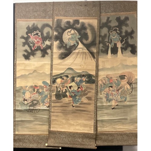 641 - Chinese School, a scroll, pigments on silk, with wind demon and farmers, 122cm x 51cm;  others (3)