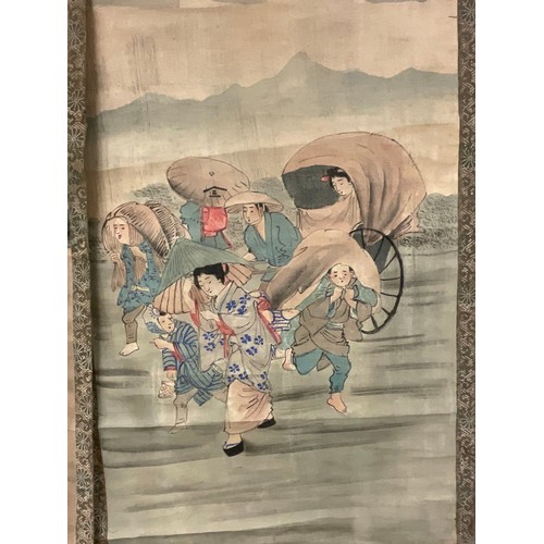 641 - Chinese School, a scroll, pigments on silk, with wind demon and farmers, 122cm x 51cm;  others (3)