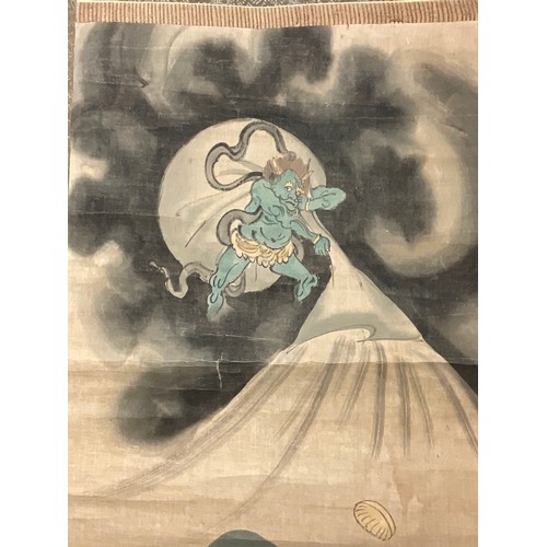 641 - Chinese School, a scroll, pigments on silk, with wind demon and farmers, 122cm x 51cm;  others (3)