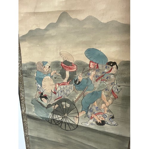 641 - Chinese School, a scroll, pigments on silk, with wind demon and farmers, 122cm x 51cm;  others (3)