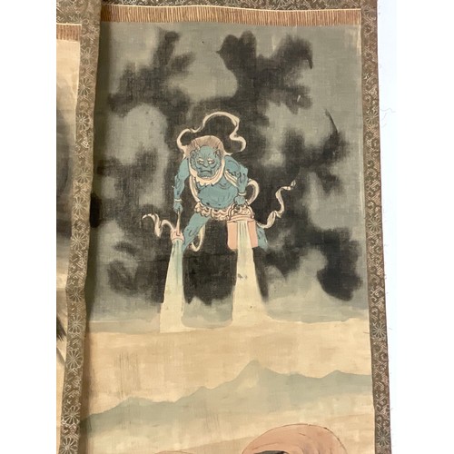 641 - Chinese School, a scroll, pigments on silk, with wind demon and farmers, 122cm x 51cm;  others (3)