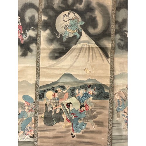 641 - Chinese School, a scroll, pigments on silk, with wind demon and farmers, 122cm x 51cm;  others (3)