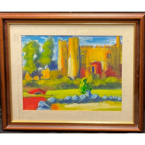 221 - Davy Moakes, ‘Summer colour at Laugharne Castle’, a study in Fauvist colours, signed, acrylic, 34cm ... 