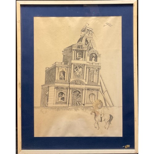 229 - Surreal school, ‘The Temple’, indistinctly signed, dated ‘75, pen and ink, 63cm x 46cm.