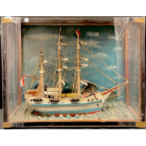 661 - A late 19th century scratch built model of a three mast sailing ship, Cristina, cased, the diorama 5... 