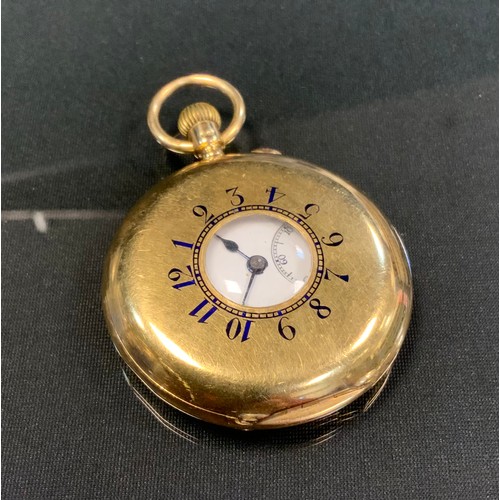 702 - A George V 18ct gold cased half hunter pocket watch, white dial, bold Arabic numerals, minute track,... 