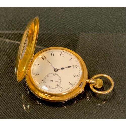 702 - A George V 18ct gold cased half hunter pocket watch, white dial, bold Arabic numerals, minute track,... 