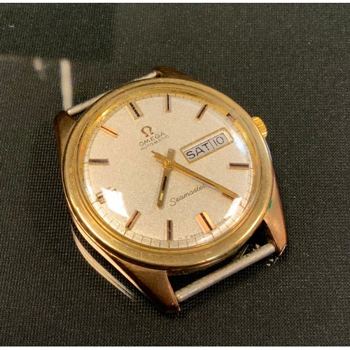 704 - Omega - a 1960s Seamaster automatic 9ct gold cased wristwatch head, textured silver dial, block bato... 