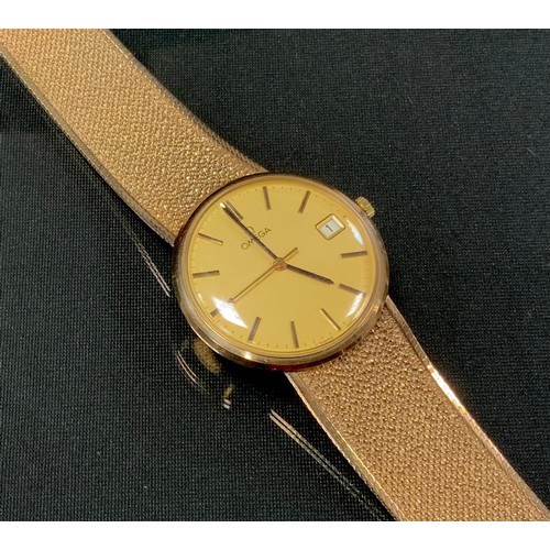 710 - Omega - a 9ct gold bracelet wristwatch, gold dial, block baton markers, date aperture, minute track,... 