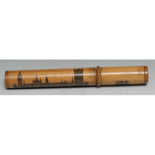 685 - London - a 19th century Mauchline type ware cylindrical bodkin case, Transfer printed with a named v... 