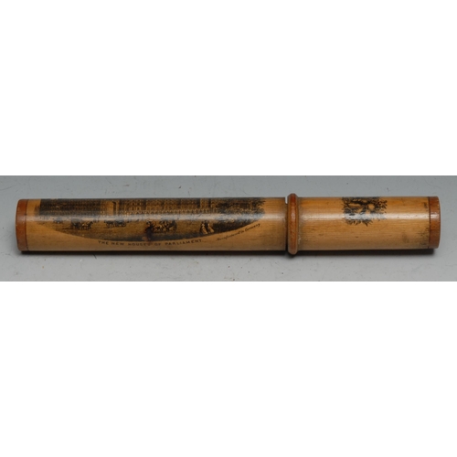 685 - London - a 19th century Mauchline type ware cylindrical bodkin case, Transfer printed with a named v... 