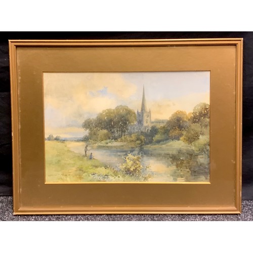 596 - E**M**Miller (early 20th century)
Fishing by the Village Church
signed, watercolour, 28cm x 32cm