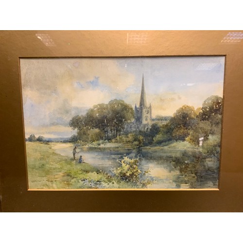 596 - E**M**Miller (early 20th century)
Fishing by the Village Church
signed, watercolour, 28cm x 32cm