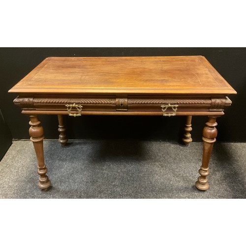 165 - A French Provincial style walnut side table, over-sailing top with moulded edge, pair of short drawe... 