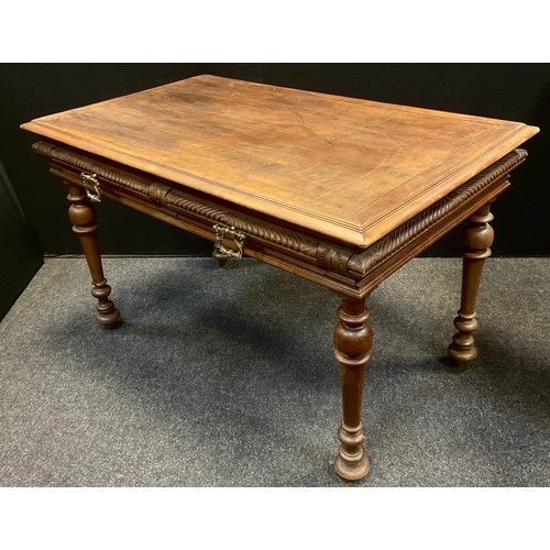 165 - A French Provincial style walnut side table, over-sailing top with moulded edge, pair of short drawe... 