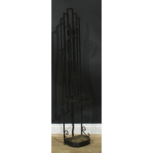 813 - An Art Deco inspired iron hall stand, in the manner of Edgar William Brandt, with provision for walk... 