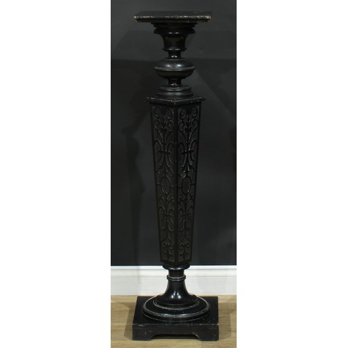 895 - A 19th century ebonised statuary pedestal, square plateau, tapered blind fretwork column, turned soc... 