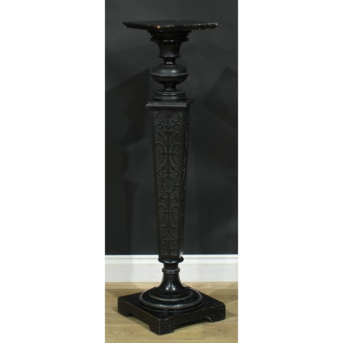 895 - A 19th century ebonised statuary pedestal, square plateau, tapered blind fretwork column, turned soc... 