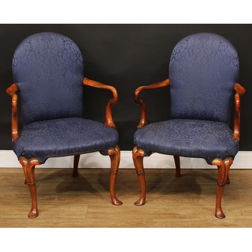 1383 - A pair of George I design walnut open armchairs, stuffed-over upholstery, cabriole legs, pad forefee... 