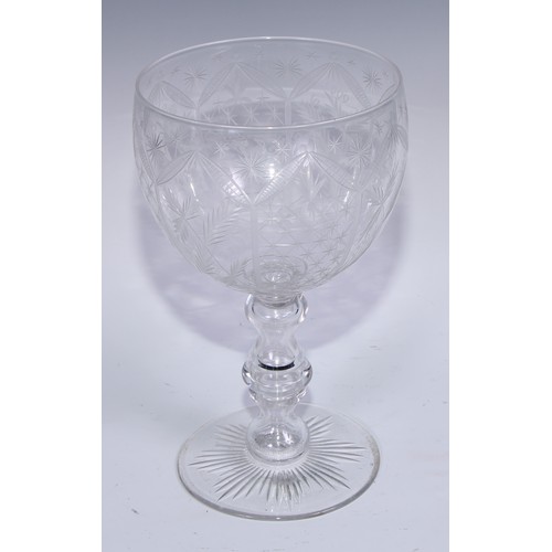 544 - A large Victorian etched glass goblet, 29.5cm high, dated 1884