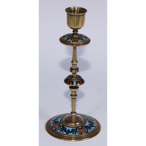 1187 - A pair of French champlevé enamel candlesticks, decorated in polychrome on a turquoise ground, 19.5c... 