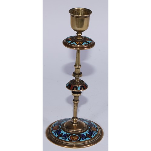 1187 - A pair of French champlevé enamel candlesticks, decorated in polychrome on a turquoise ground, 19.5c... 