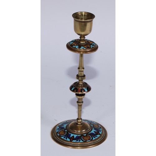 1187 - A pair of French champlevé enamel candlesticks, decorated in polychrome on a turquoise ground, 19.5c... 