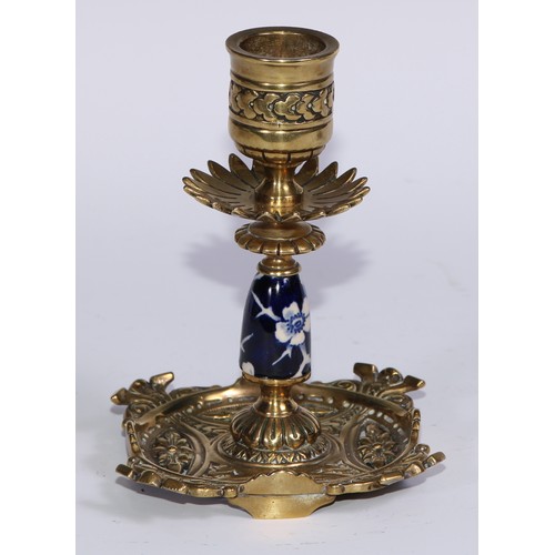 1391 - A pair of Aesthetic Movement gilt brass and earthenware candlesticks, cast and decorated in the Japa... 