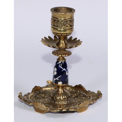 1391 - A pair of Aesthetic Movement gilt brass and earthenware candlesticks, cast and decorated in the Japa... 